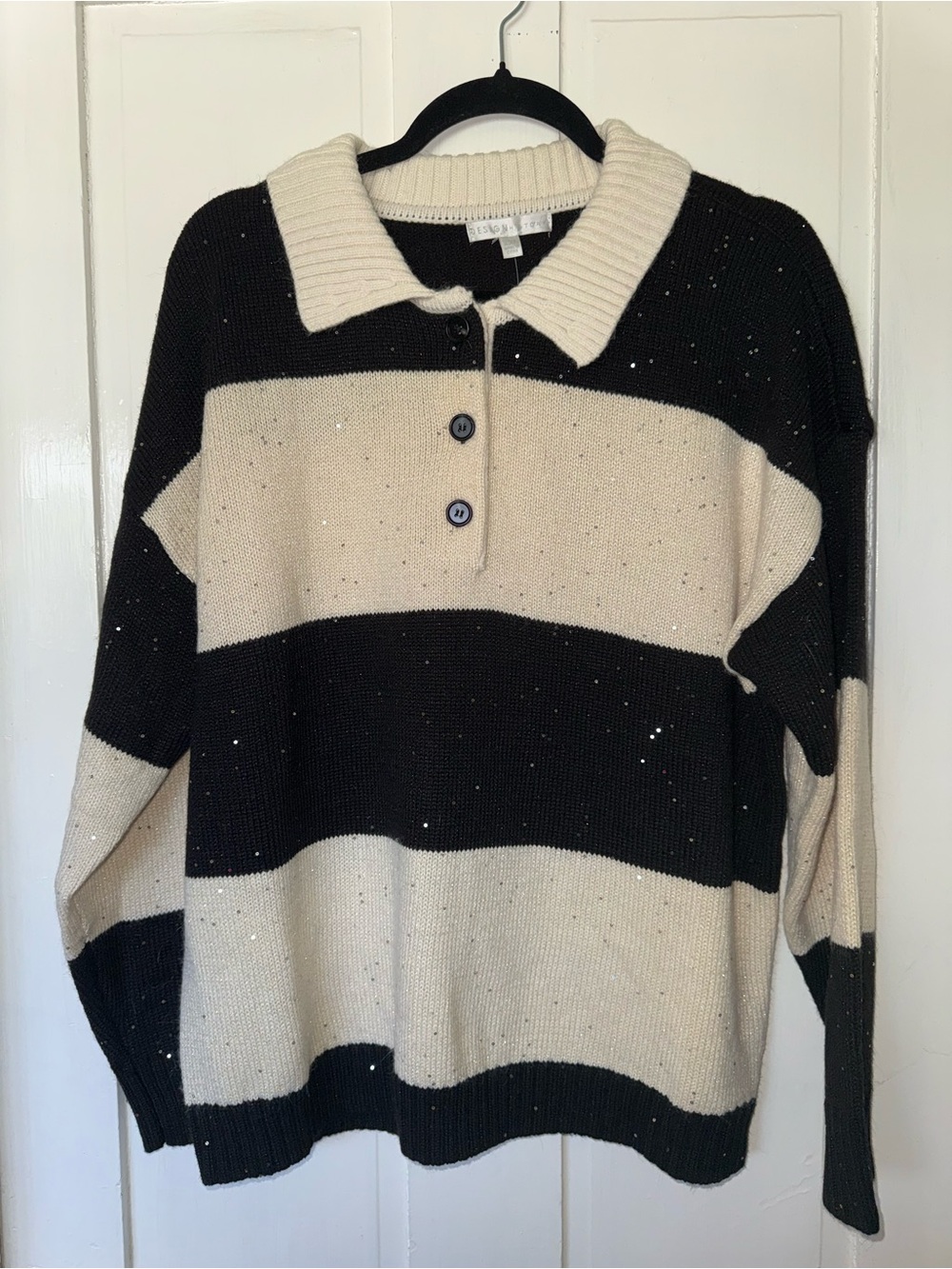 NWT DESIGNHistory Striped Knit Polo Sweater - Black & Cream
